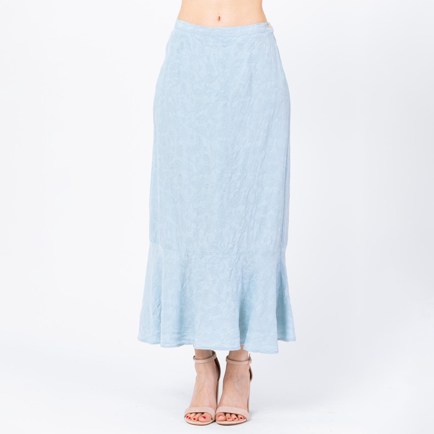 Vintage 90s Light Blue Jacquard Leaf Print Maxi Skirt - Medium, 27"-29" Waist | Boho High Waisted Long Summer Skirt