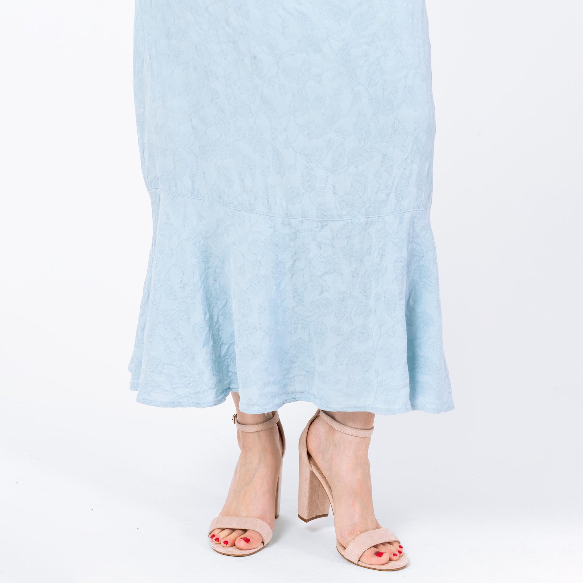 Vintage 90s Light Blue Jacquard Leaf Print Maxi Skirt - Medium, 27"-29" Waist | Boho High Waisted Long Summer Skirt