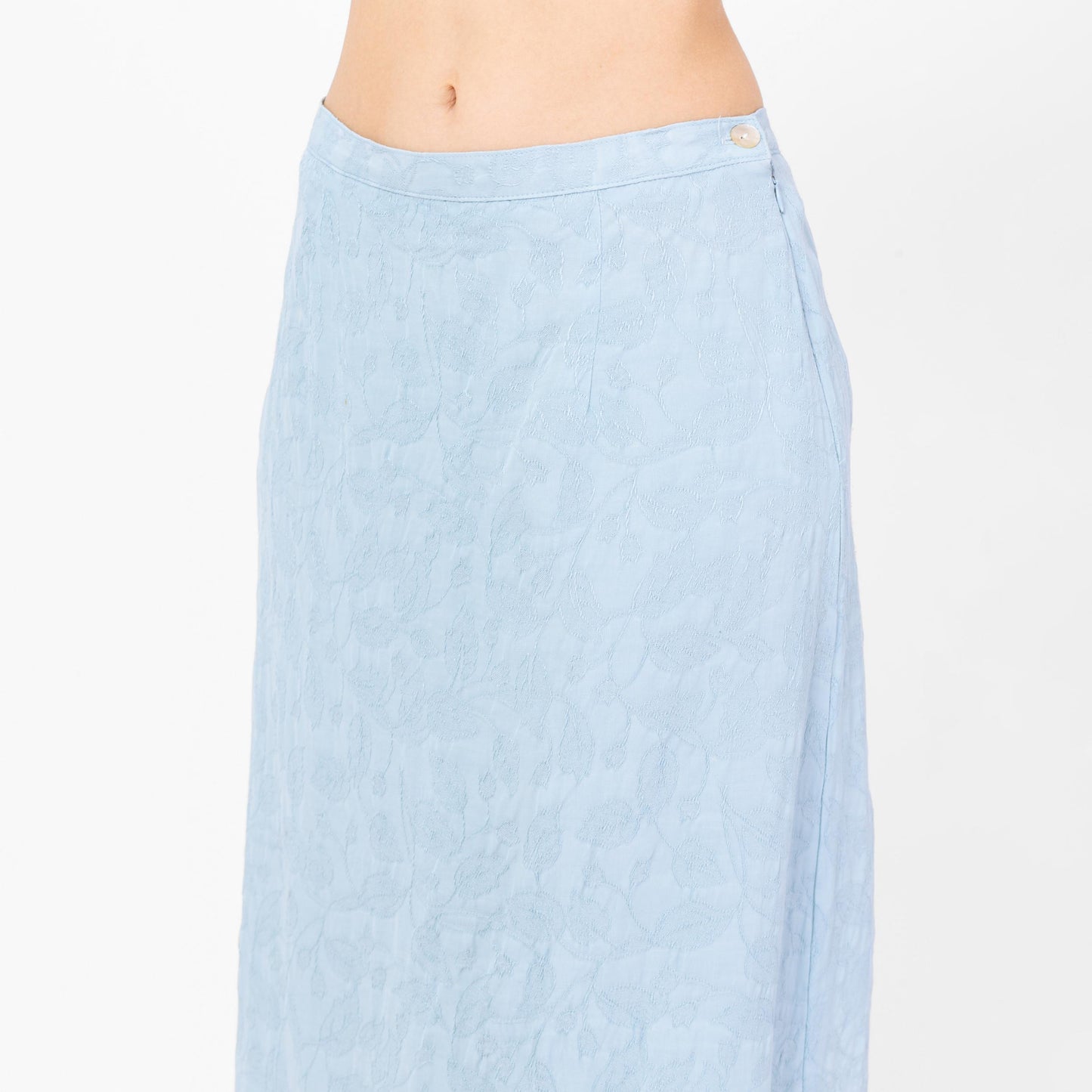 Vintage 90s Light Blue Jacquard Leaf Print Maxi Skirt - Medium, 27"-29" Waist | Boho High Waisted Long Summer Skirt