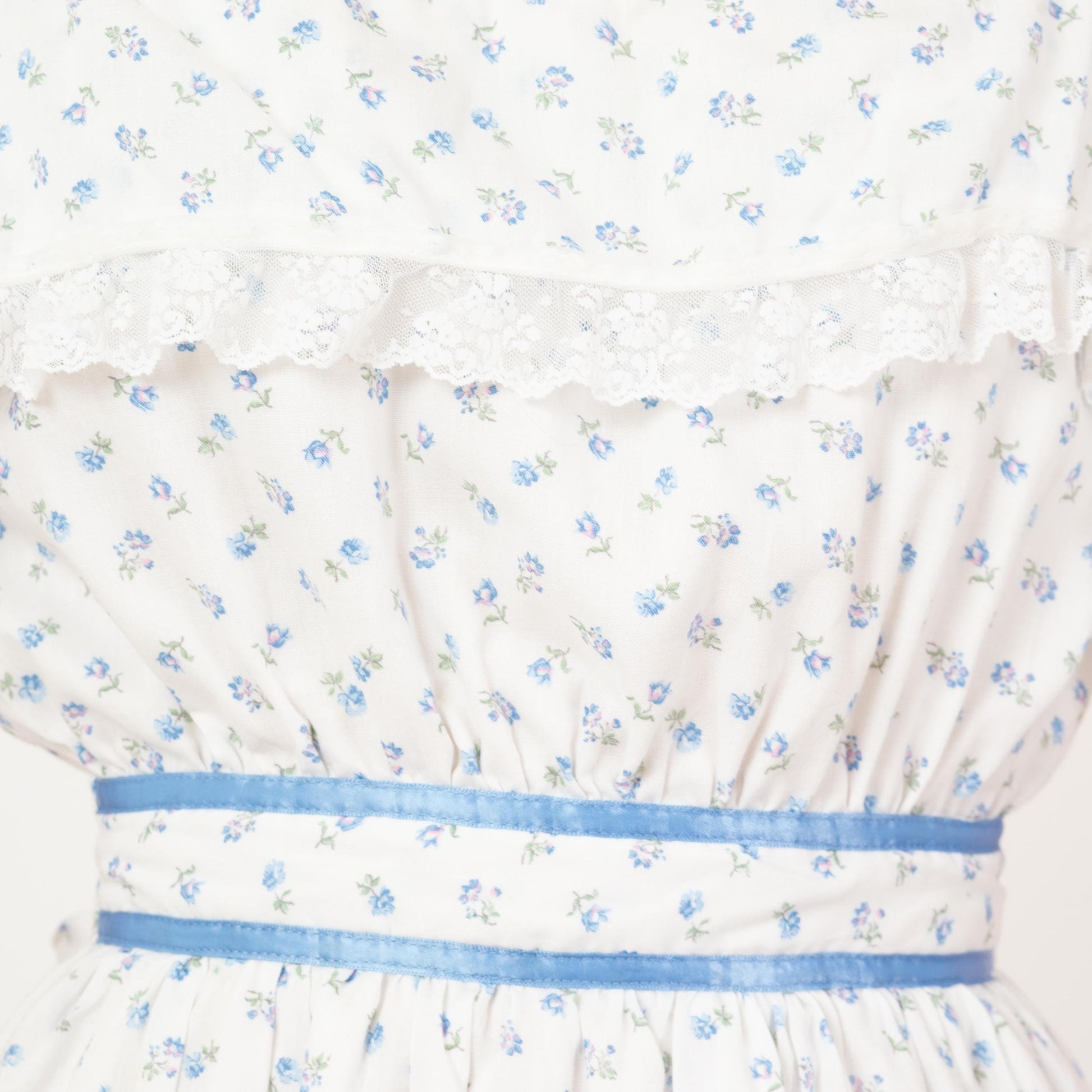 Vintage 70s White & Blue Floral Off-Shoulder Midi Prairie Dress - Extra Small | Boho Calico Lace Trim Fit Flare Peasant Sundress