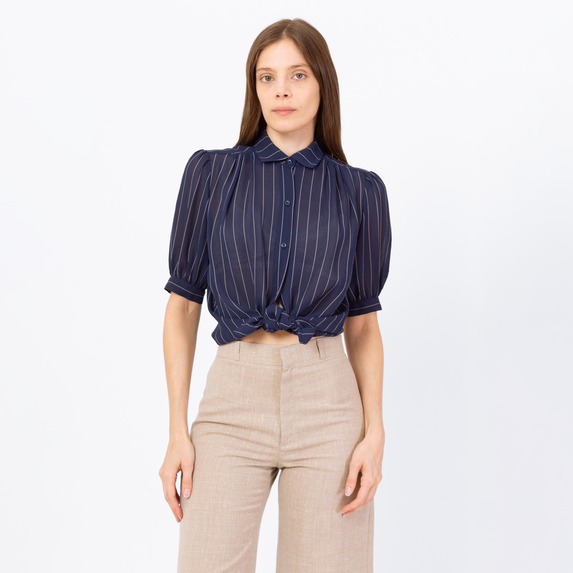 Vintage 70s Navy Blue Pinstriped Puff Sleeve Blouse - Small | Retro Sheer Top, Peter Pan Collar Shirt