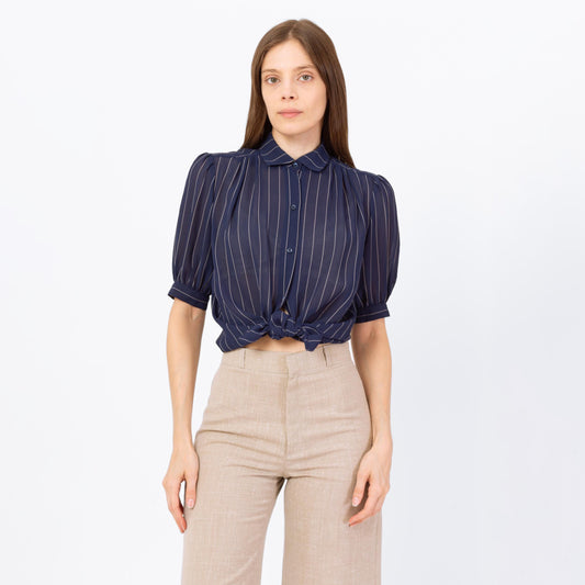 Vintage 70s Navy Blue Pinstriped Puff Sleeve Blouse - Small | Retro Sheer Top, Peter Pan Collar Shirt