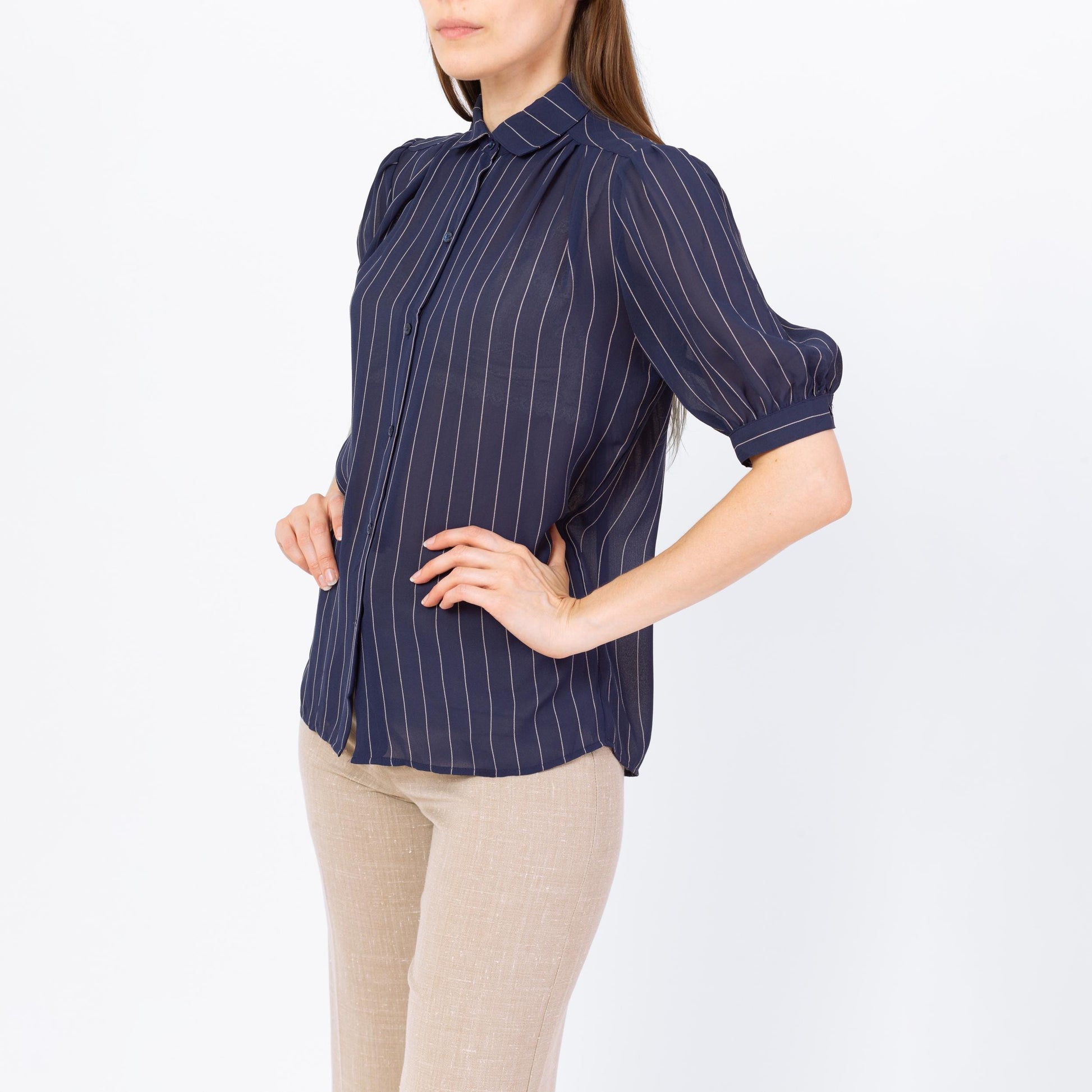 Vintage 70s Navy Blue Pinstriped Puff Sleeve Blouse - Small | Retro Sheer Top, Peter Pan Collar Shirt
