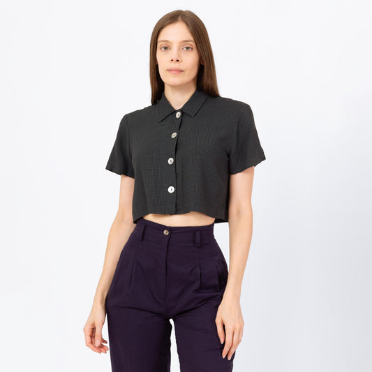 Vintage 90s Dark Green Plaid Crop Top - Small | Short Sleeve Collared Cropped Blouse, Grunge Abalone Button Up Shirt