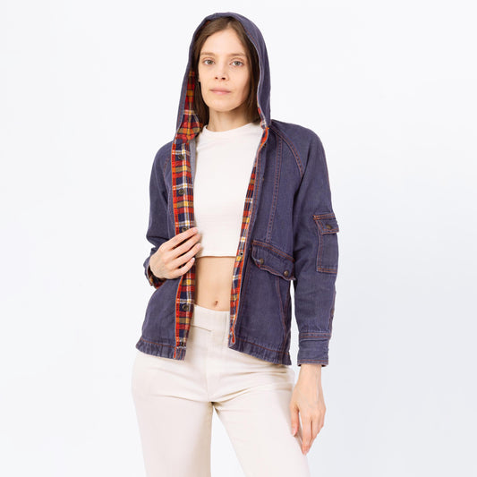 Vintage 70s Flannel Lined Hooded Jean Jacket - Small to Petite Medium | 1970s Dark Wash Denim Plaid Trim Cargo Pocket Jacket