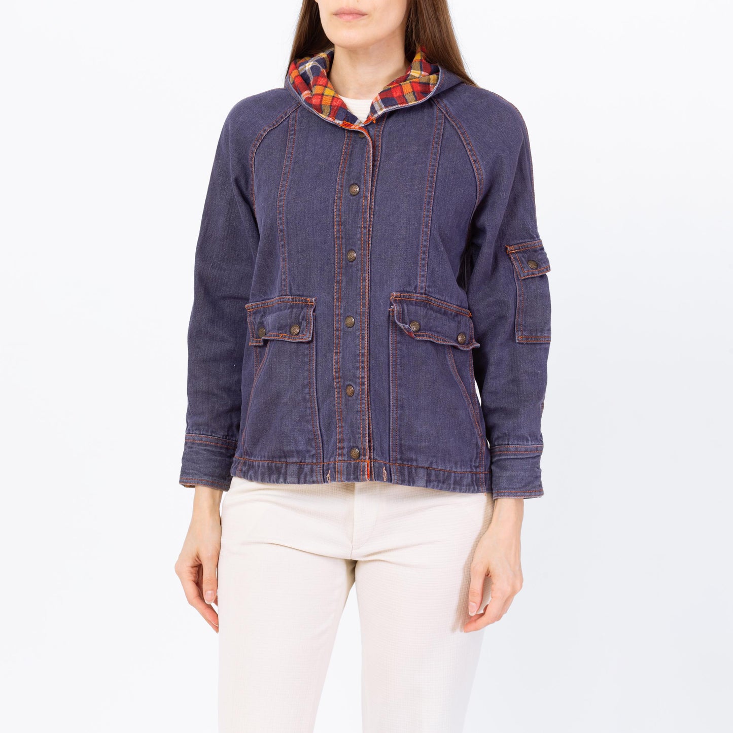 Vintage 70s Flannel Lined Hooded Jean Jacket - Small to Petite Medium | 1970s Dark Wash Denim Plaid Trim Cargo Pocket Jacket