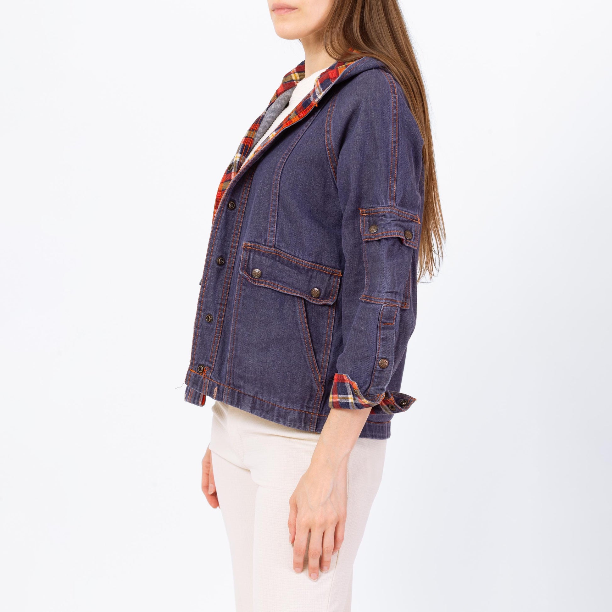 Vintage 70s Flannel Lined Hooded Jean Jacket - Small to Petite Medium | 1970s Dark Wash Denim Plaid Trim Cargo Pocket Jacket