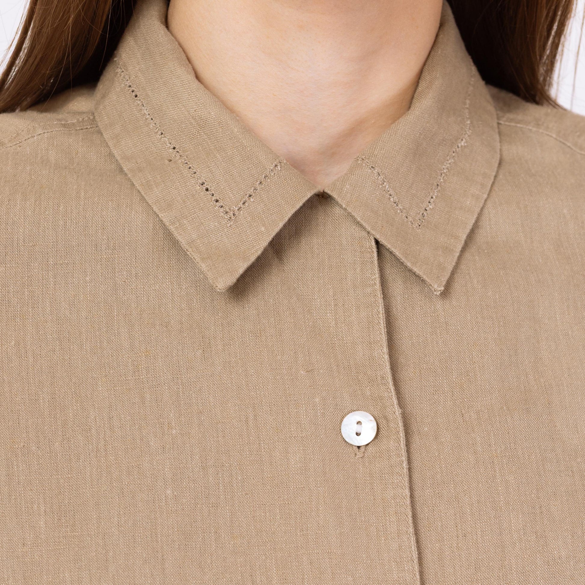 Vintage 90s Tan Linen Button Up Top - Small | Minimalist Short Sleeve Shirt, Cropped Collared Eyelet Trim Blouse