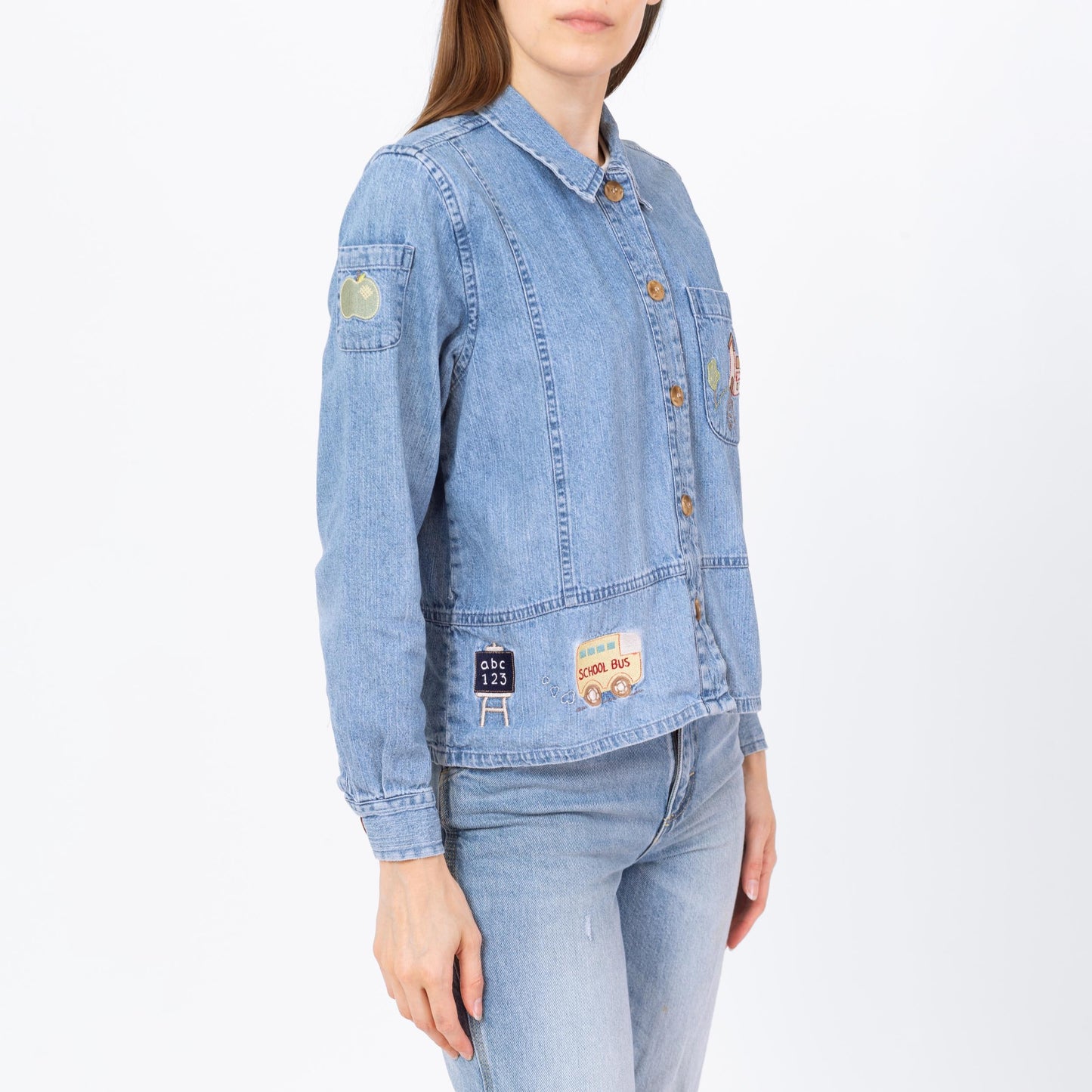 Vintage Y2K School Patch Chambray Shirt - Small | Novelty Button Up Long Sleeve Denim Top
