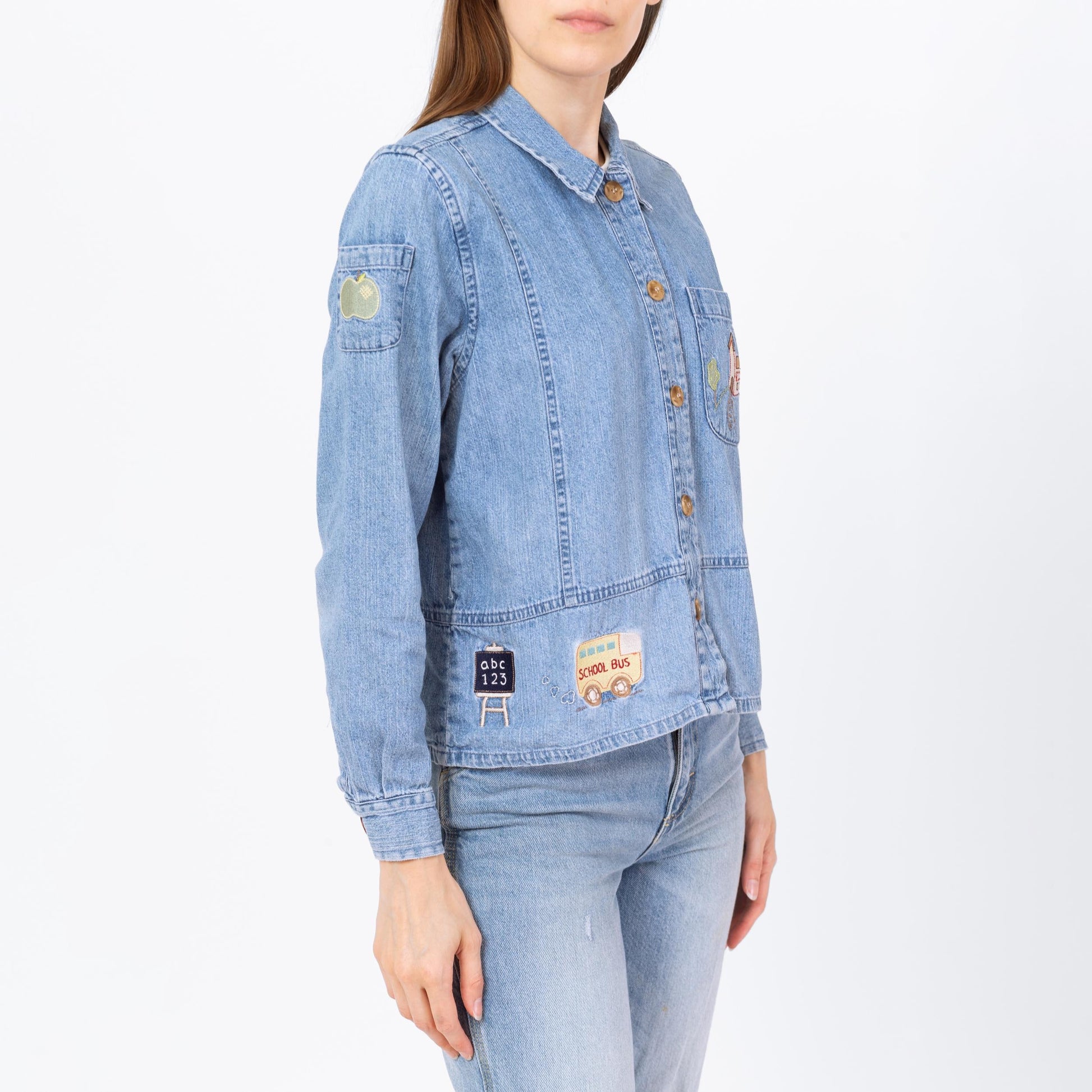 Vintage Y2K School Patch Chambray Shirt - Small | Novelty Button Up Long Sleeve Denim Top