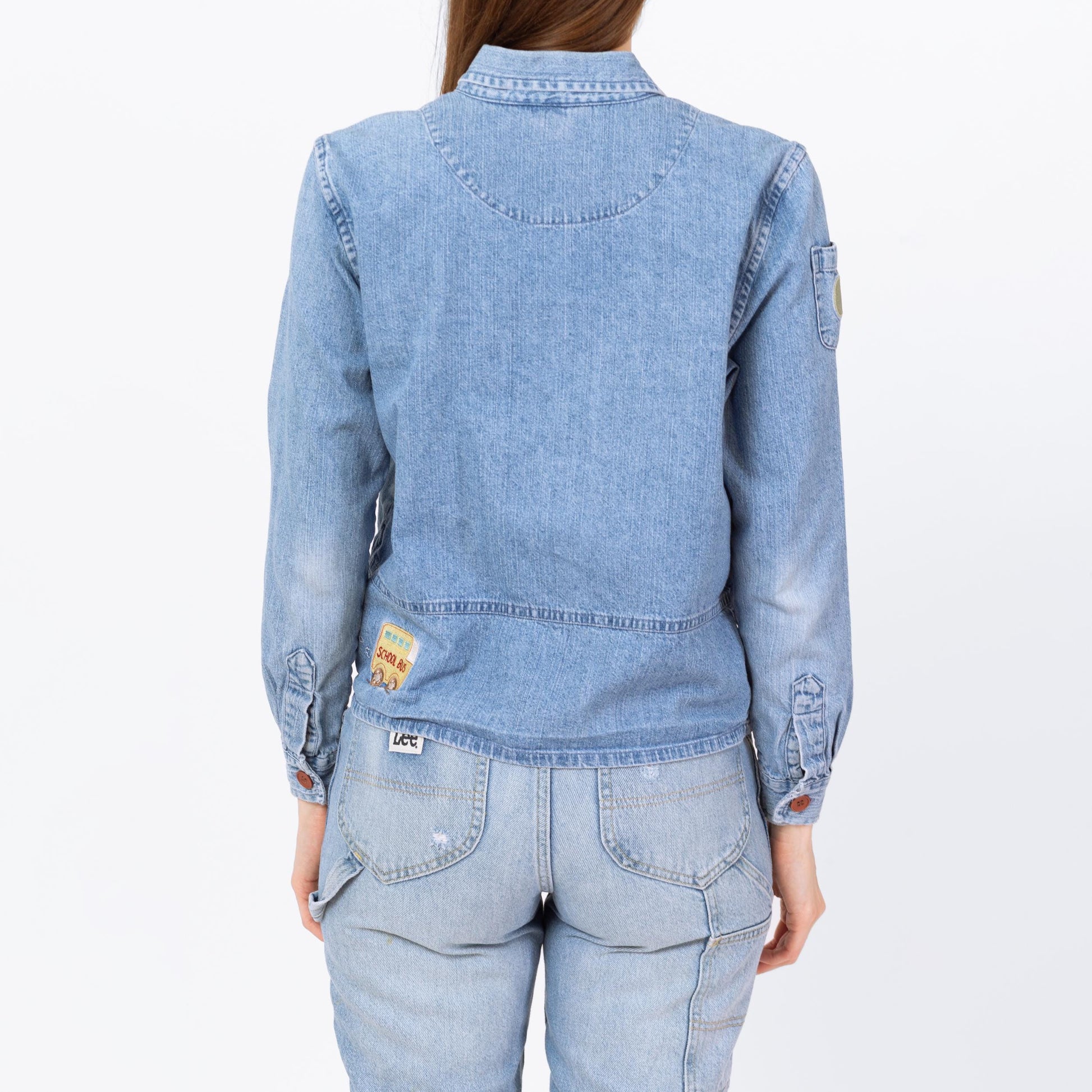 Vintage Y2K School Patch Chambray Shirt - Small | Novelty Button Up Long Sleeve Denim Top
