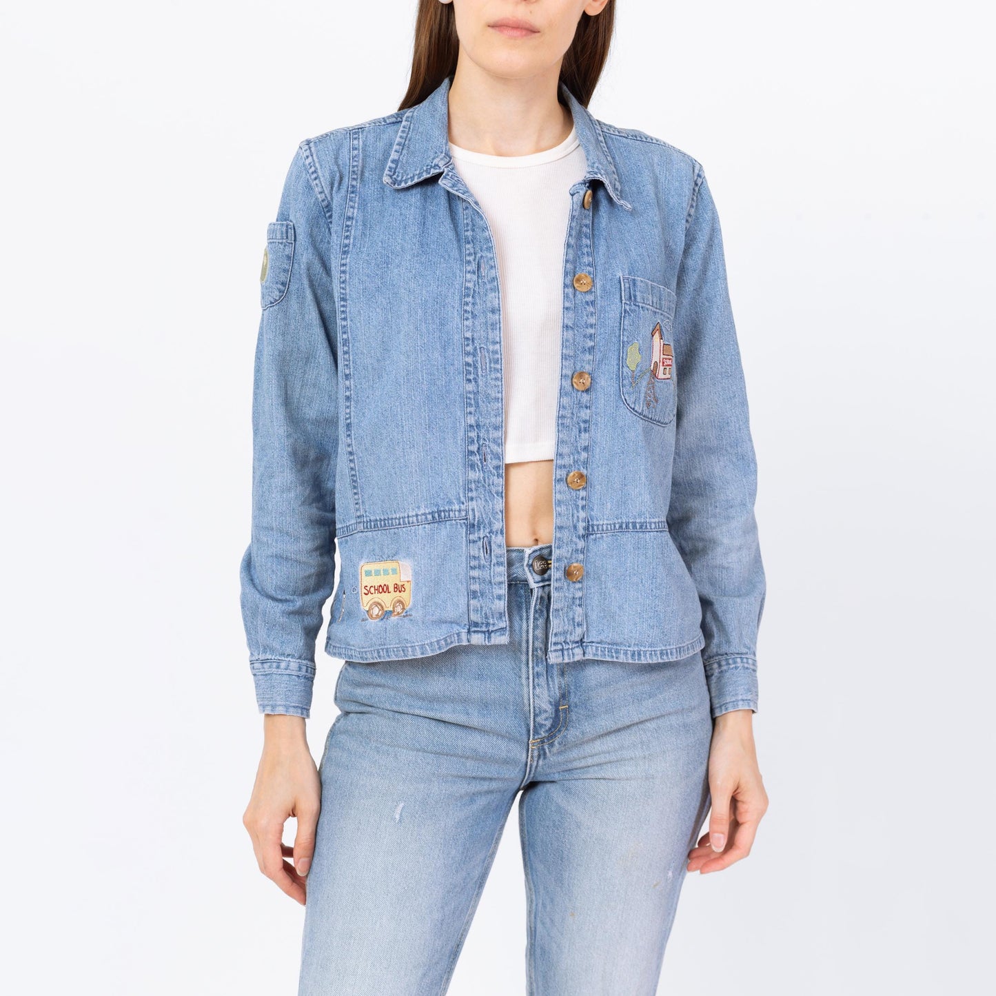 Vintage Y2K School Patch Chambray Shirt - Small | Novelty Button Up Long Sleeve Denim Top