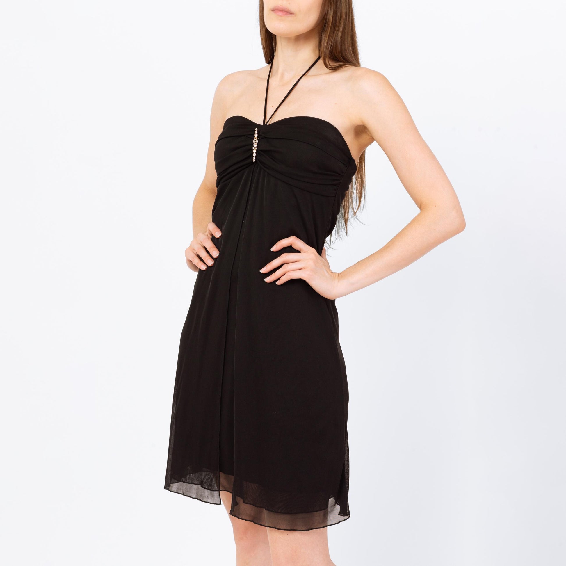 Vintage Y2K Black Jeweled Halter Party Dress - Medium | Ruched Bodice Strapless Mini Slip Dress