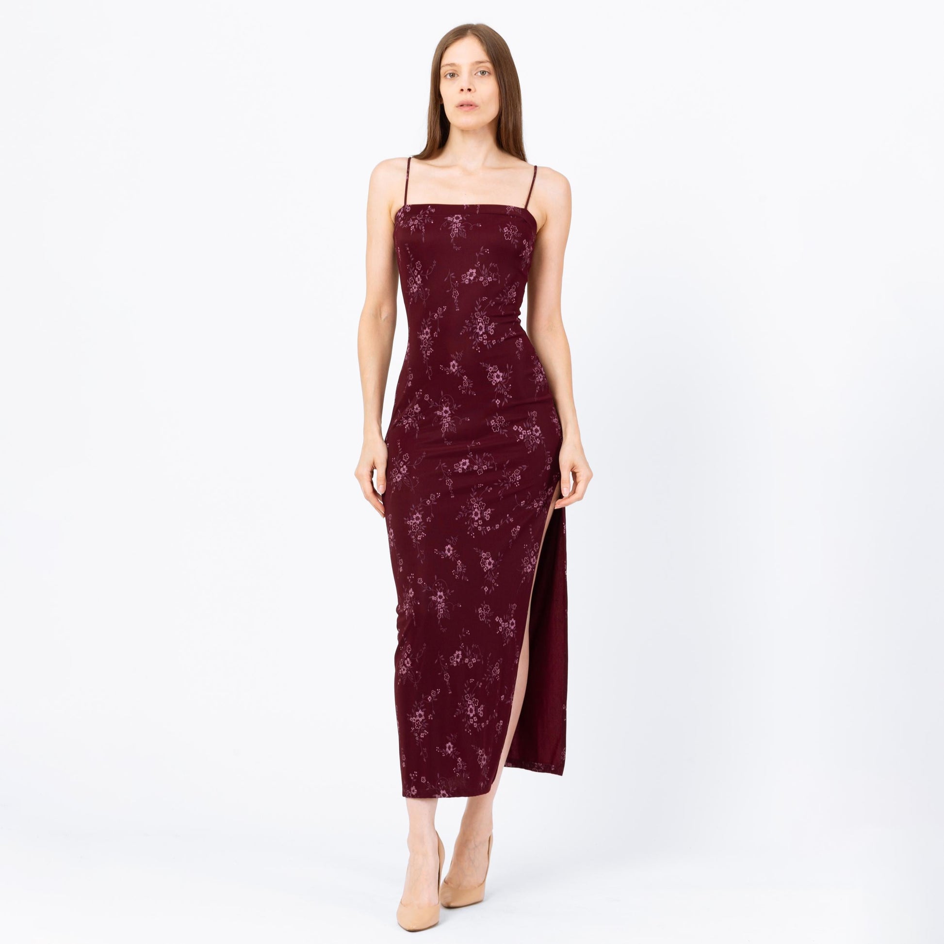 Vintage 90s Wine Red Floral Bodycon Maxi Dress - Extra Small | Spaghetti Strap Square Neck High Thigh Slit Slinky Sexy Formal Gown