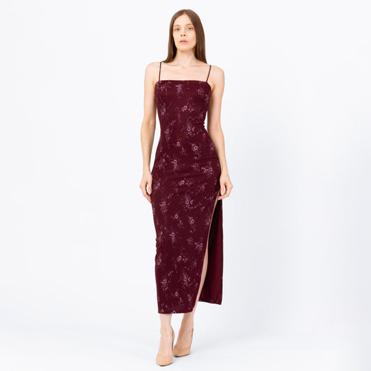 Vintage 90s Wine Red Floral Bodycon Maxi Dress - Extra Small | Spaghetti Strap Square Neck High Thigh Slit Slinky Sexy Formal Gown