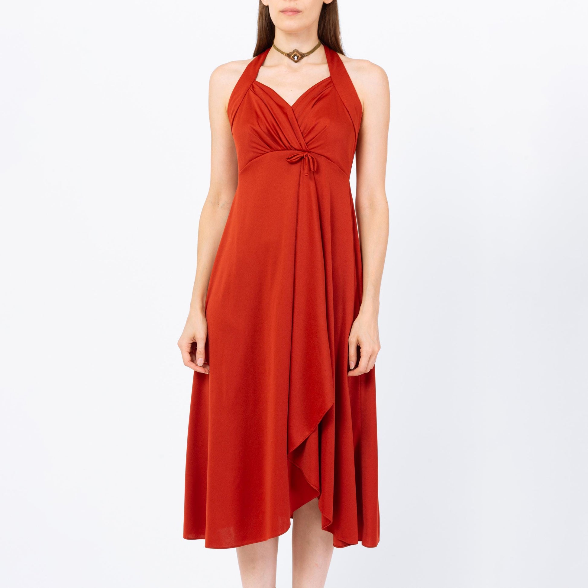 Vintage 70s Burnt Orange Grecian Midi Dress - Extra Small | Sleeveless Halter Neck Racerback Boho Wrap Party Dress, Wedding Guest Dress