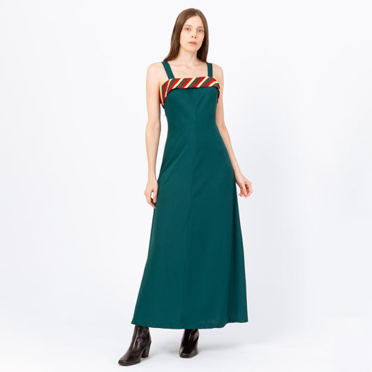Vintage 70s Emerald Green Striped Square Neck Gown - Small | Sleeveless Formal Maxi Dress, Wedding Guest Dress