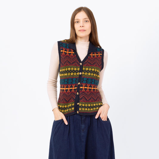 Vintage 90s Fair Isle Sweater Vest - Medium | Navy Blue Striped Button Up Sleeveless Cotton Knit Top