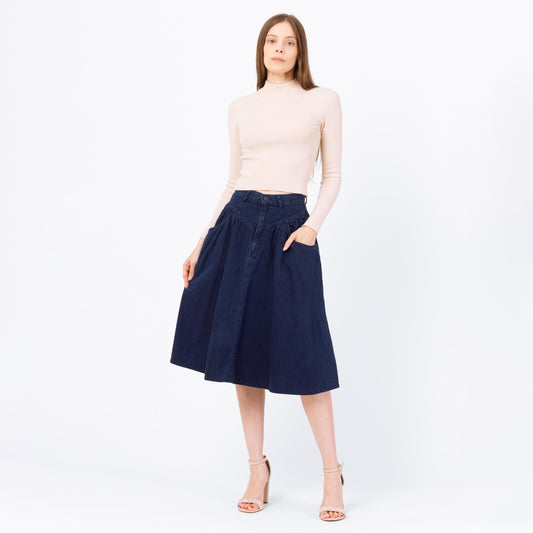 Vintage 80s Calvin Klein Dark Wash Denim Midi Skirt - Small, 26" Waist | Yoked High Waisted Blue Jean Chambray Pocket Skirt