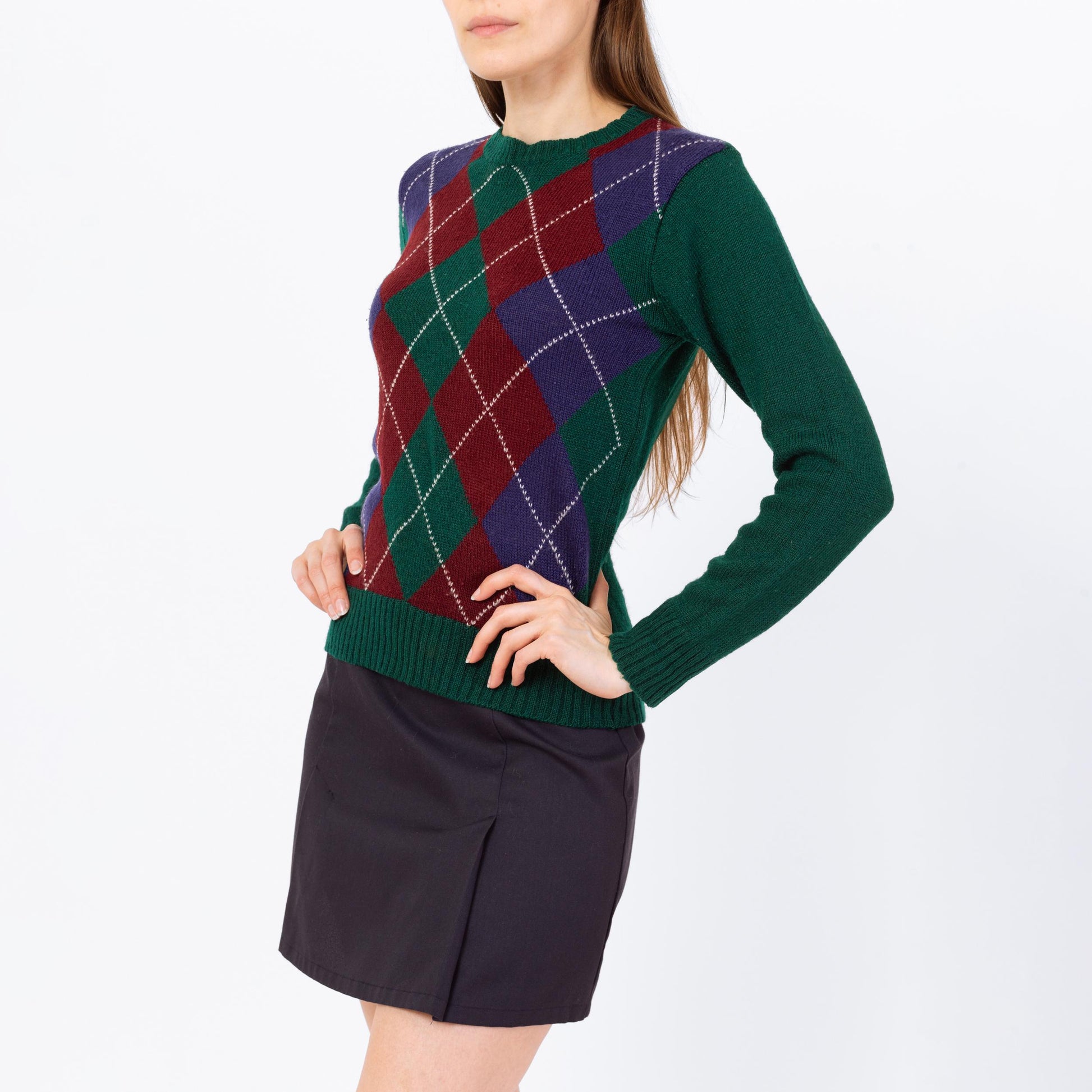 Vintage 80s Green Argyle Knit Sweater - Small | Preppy Pullover Jumper, Dark Academia Retro Knitwear
