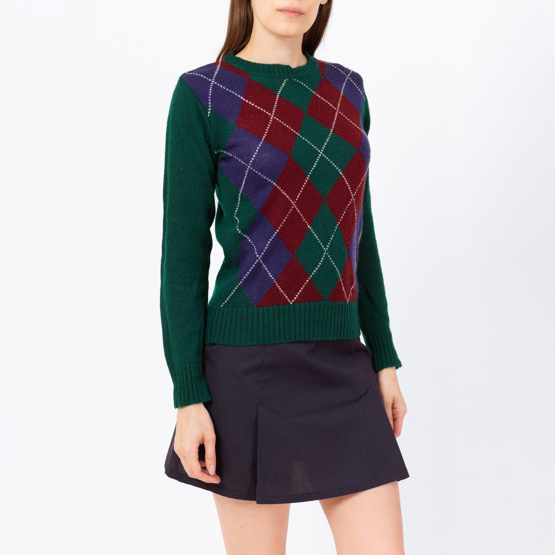Vintage 80s Green Argyle Knit Sweater - Small | Preppy Pullover Jumper, Dark Academia Retro Knitwear