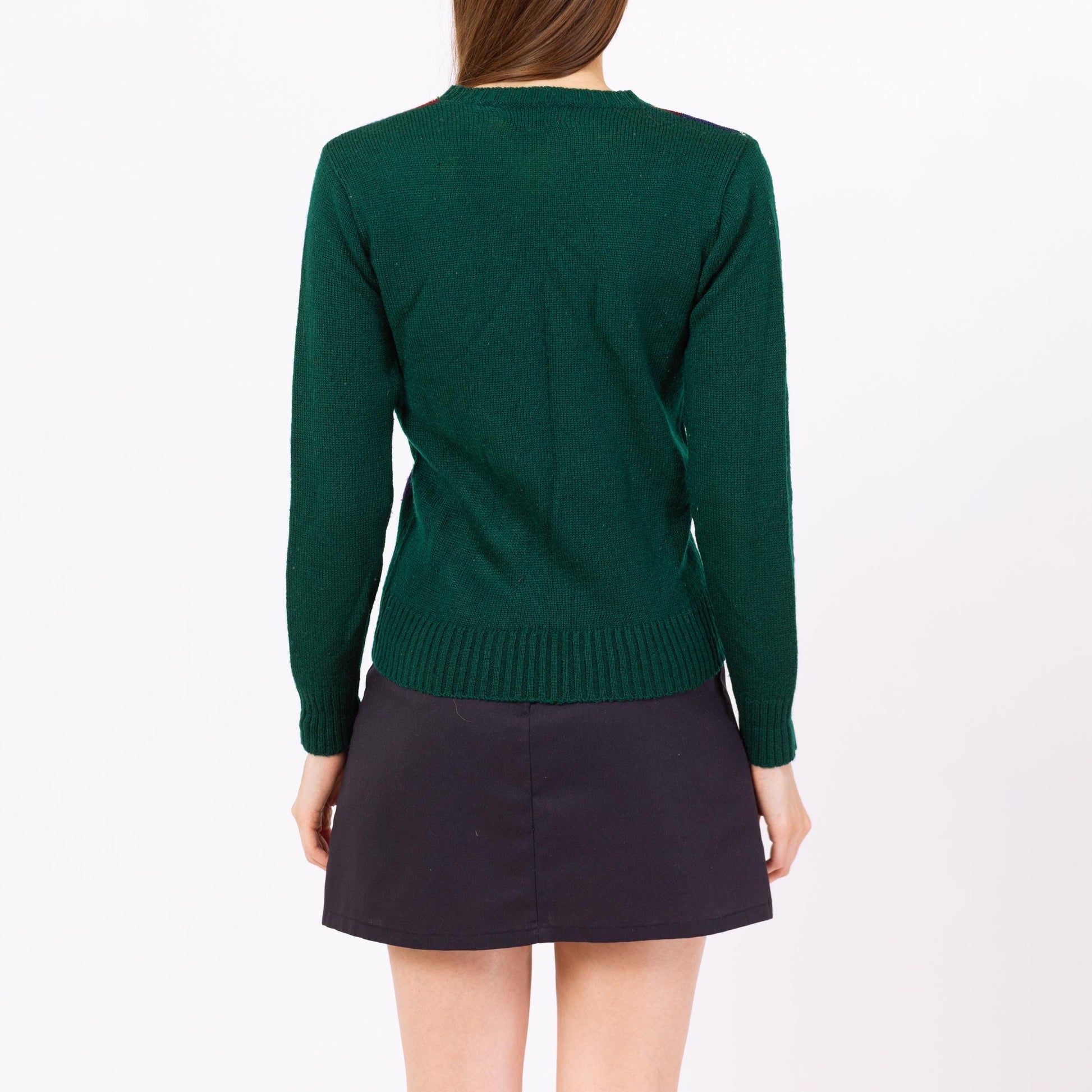 Vintage 80s Green Argyle Knit Sweater - Small | Preppy Pullover Jumper, Dark Academia Retro Knitwear