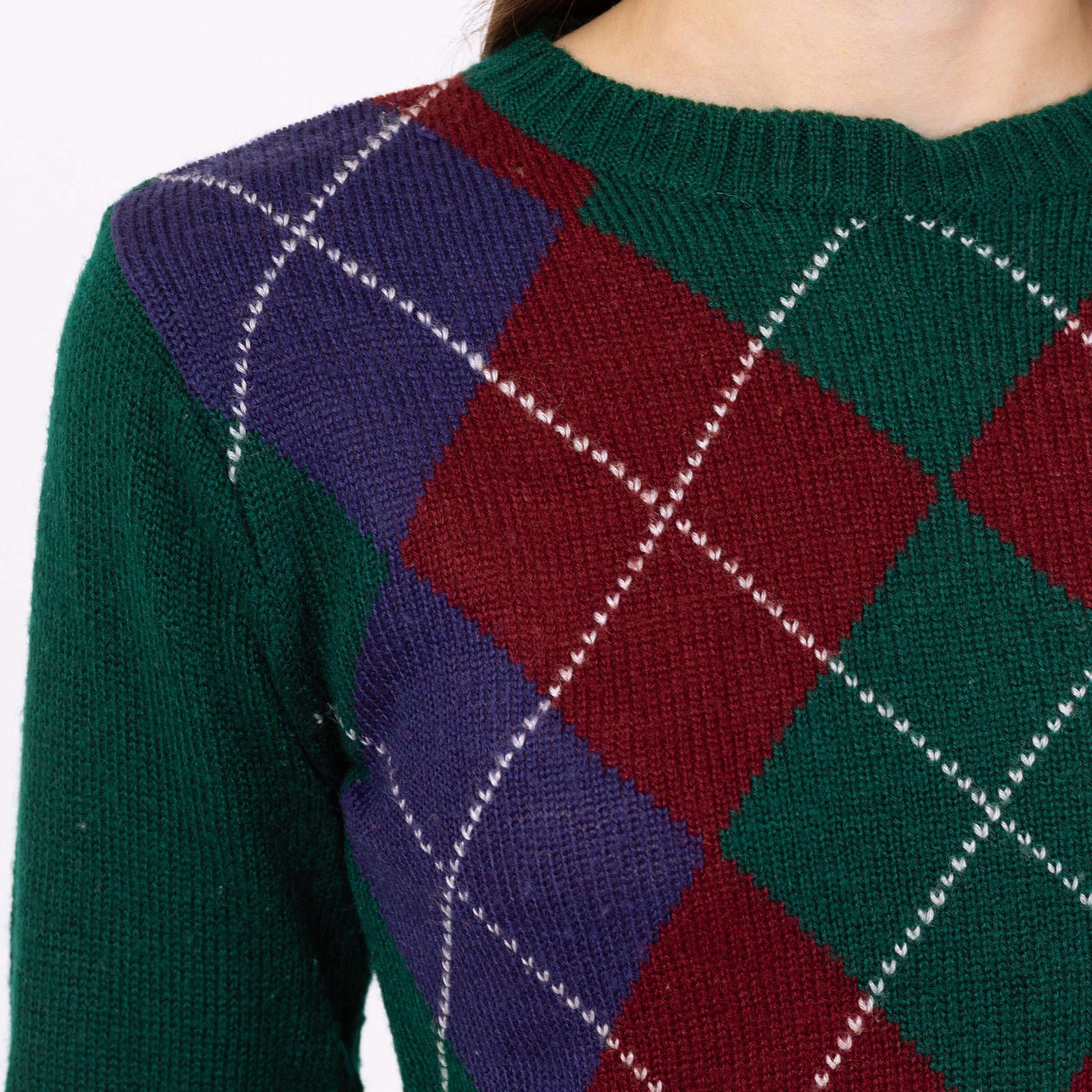 Vintage 80s Green Argyle Knit Sweater - Small | Preppy Pullover Jumper, Dark Academia Retro Knitwear