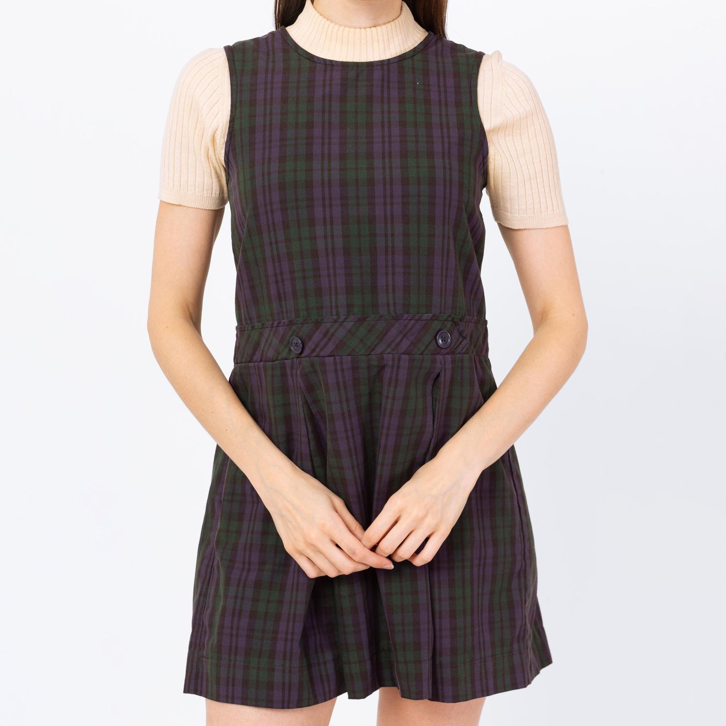 Vintage 80s Plaid Pinafore Schoolgirl Mini Dress - Petite Extra Small | Grunge Sleeveless Drop Waist School Uniform Dress