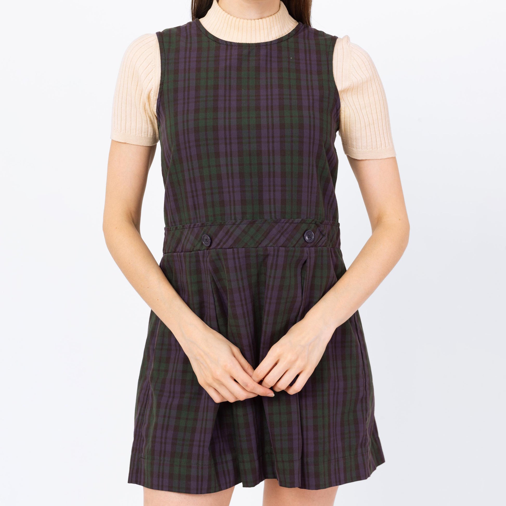 Vintage 80s Plaid Pinafore Schoolgirl Mini Dress - Petite Extra Small | Grunge Sleeveless Drop Waist School Uniform Dress