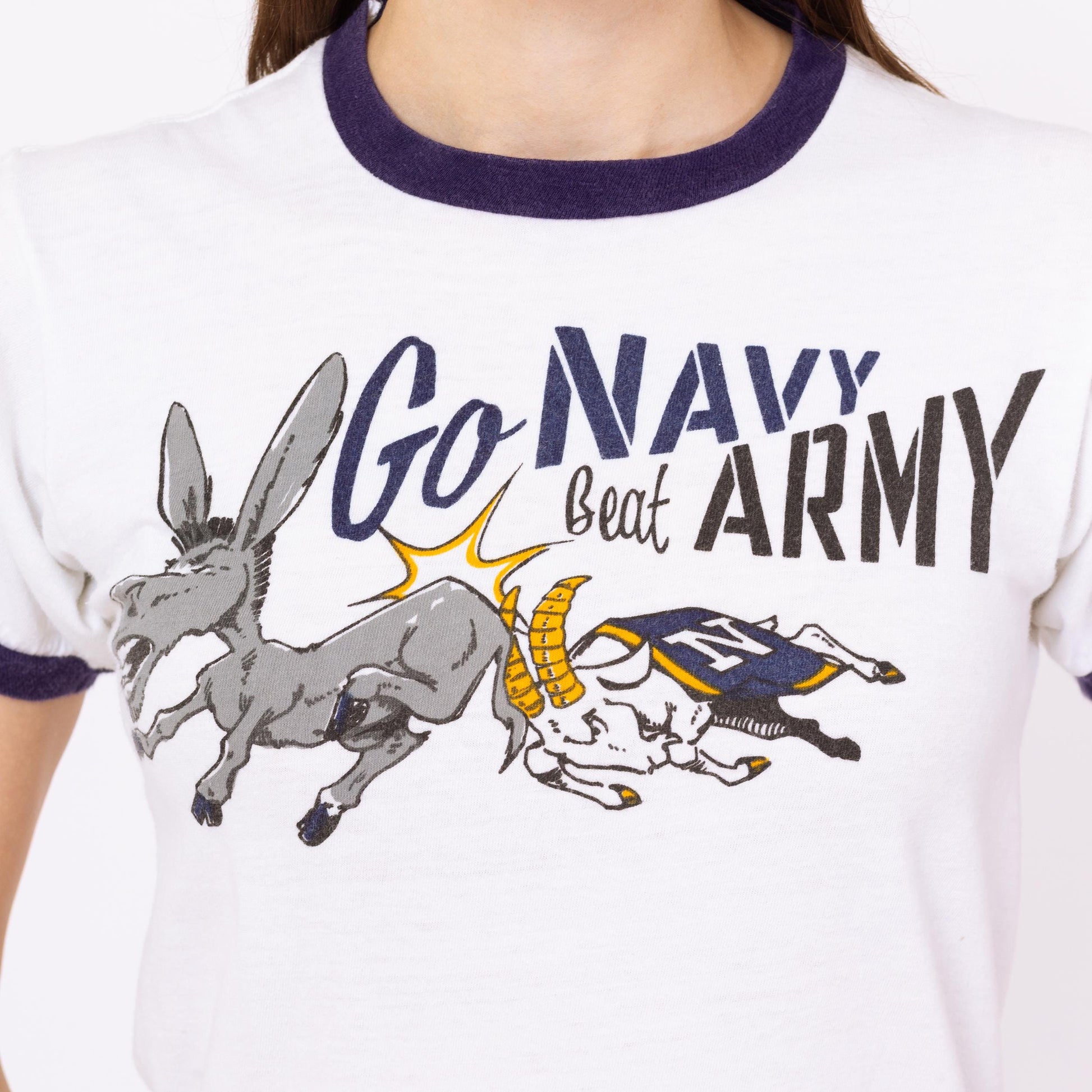 Vintage 70s "Go Navy Beat Army" Ringer T Shirt - Extra Small | College Football Military Cartoon Graphic Champion Tee