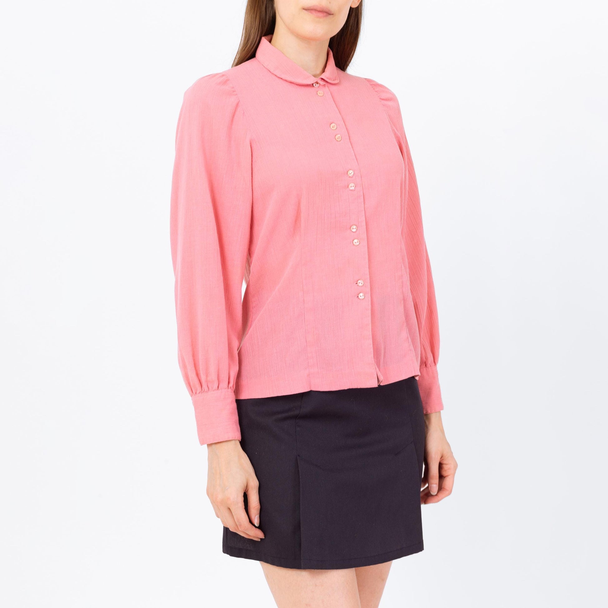 Vintage 70s Blush Pink Peter Pan Collar Blouse - Small | Retro Long Sleeve Button Up Top
