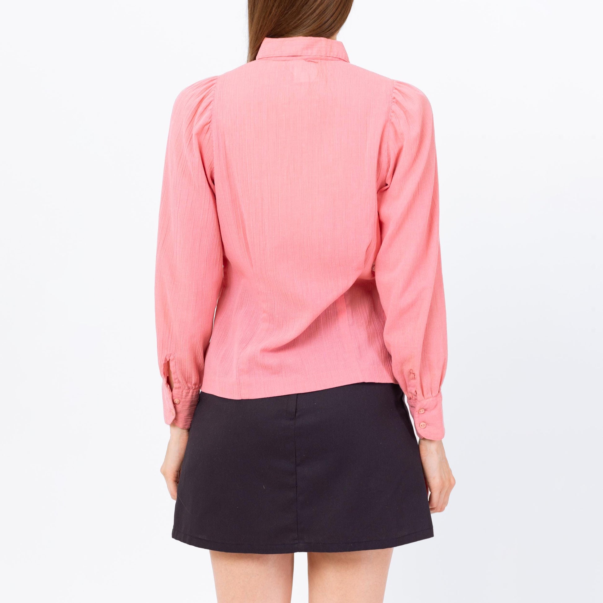 Vintage 70s Blush Pink Peter Pan Collar Blouse - Small | Retro Long Sleeve Button Up Top