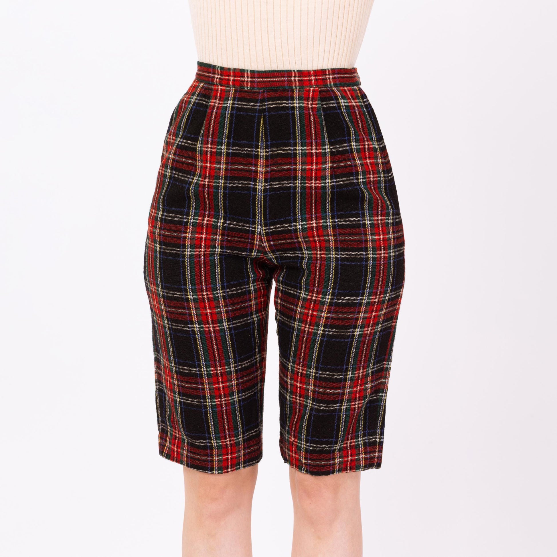 Vintage 60s Red & Black Tartan Plaid Knee Length Shorts - Extra Small, 24" Waist | Retro Fitted Wool Bermuda Shorts
