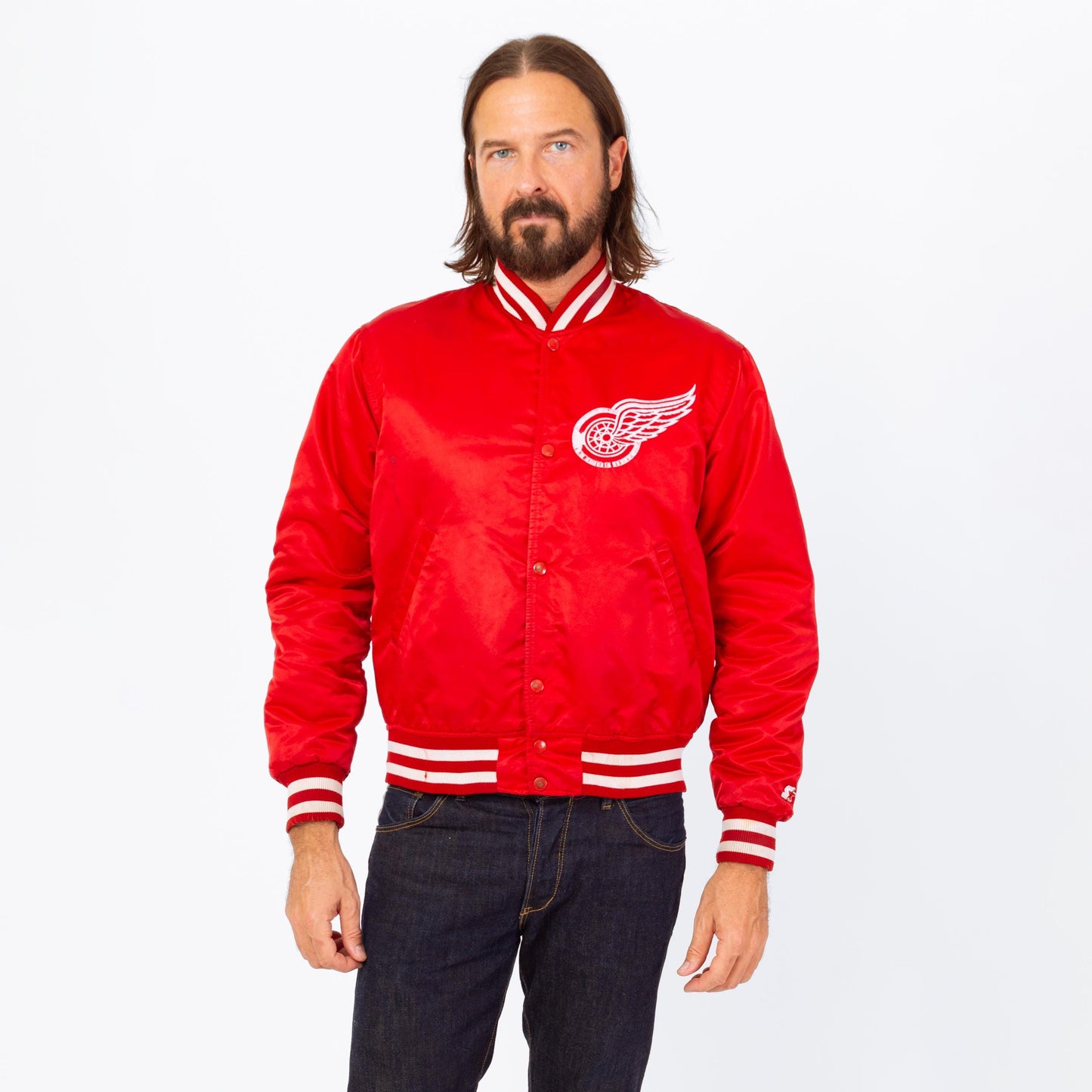 Vintage 80s 90s Detroit Red Wings NHL Satin Starter Jacket - Medium | Red Hockey Snap Button Windbreaker Varsity Bomber