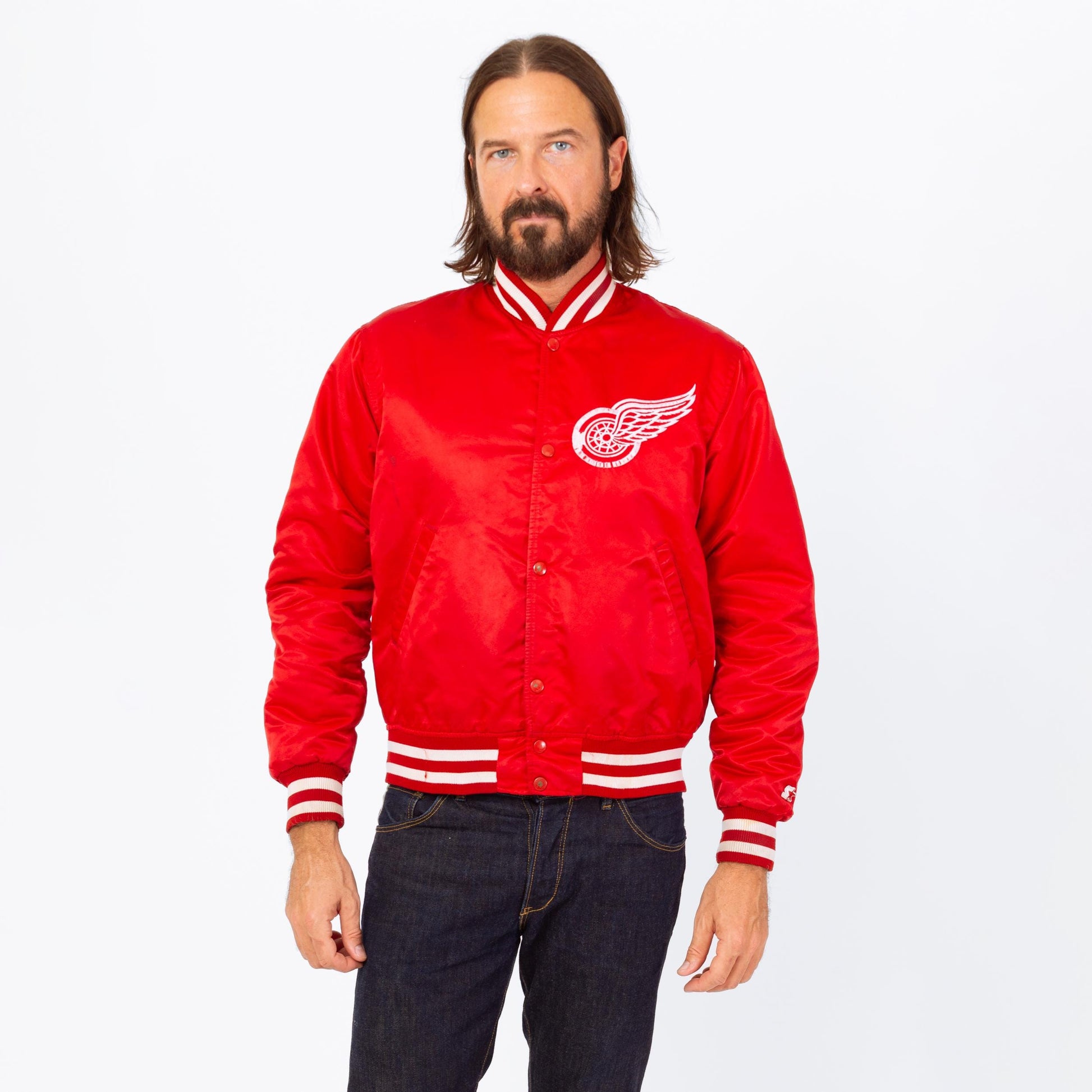 Vintage 80s 90s Detroit Red Wings NHL Satin Starter Jacket - Medium | Red Hockey Snap Button Windbreaker Varsity Bomber