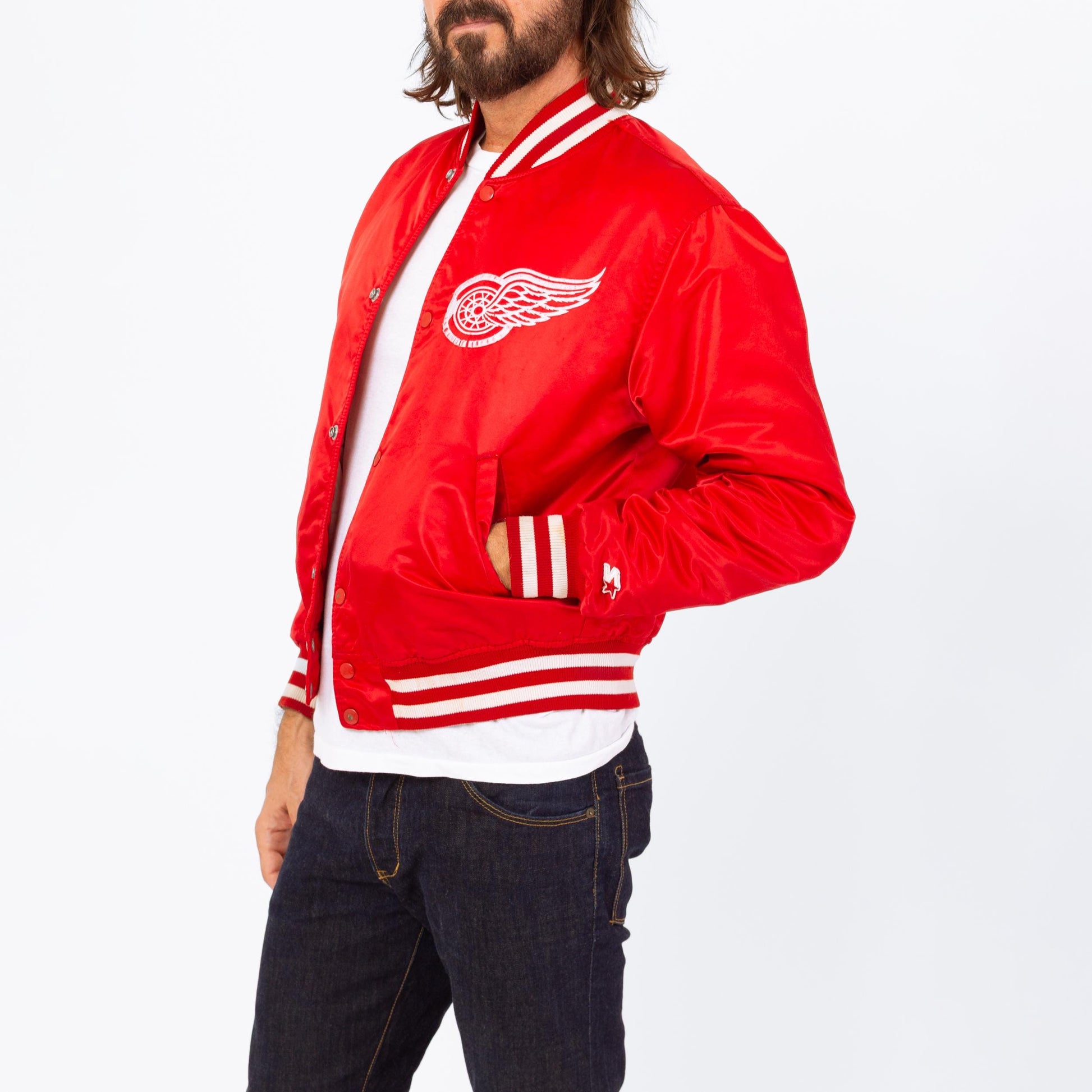 Vintage 80s 90s Detroit Red Wings NHL Satin Starter Jacket - Medium | Red Hockey Snap Button Windbreaker Varsity Bomber