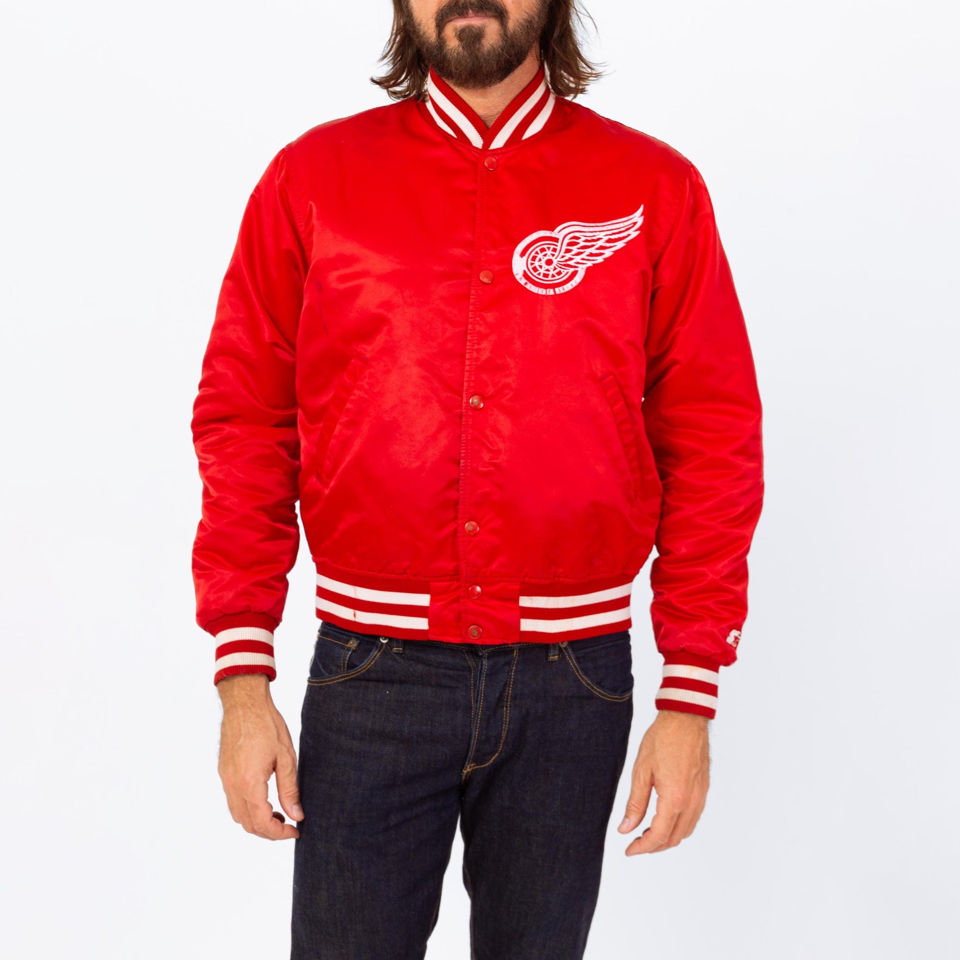 Vintage 80s 90s Detroit Red Wings NHL Satin Starter Jacket - Medium | Red Hockey Snap Button Windbreaker Varsity Bomber