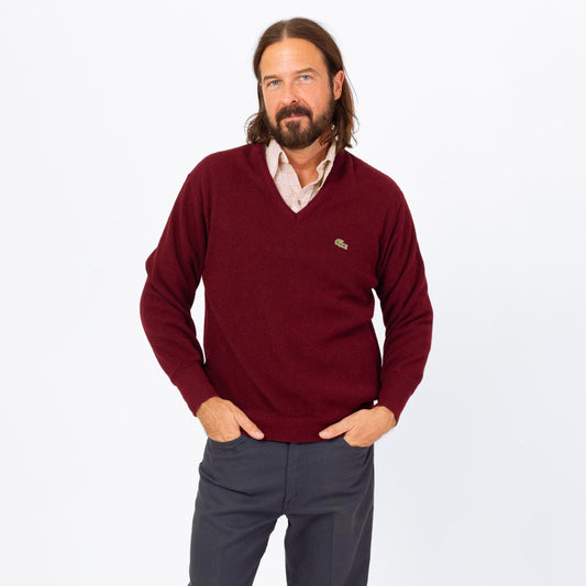 Vintage 80s Izod Lacoste Wine Red V Neck Sweater - Large | Preppy Burgundy Pullover Jumper