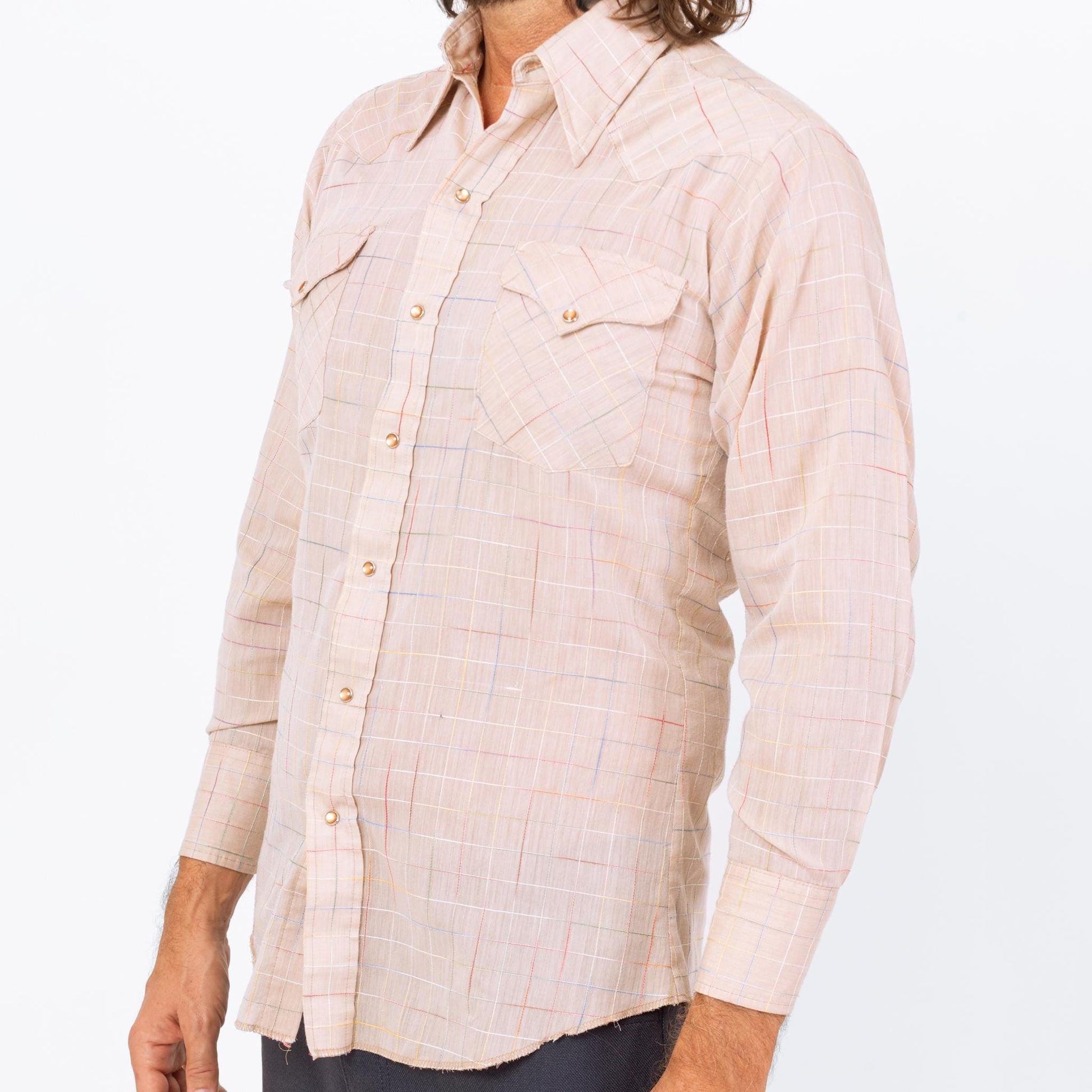 Vintage 70s Rainbow Stitched Pearl Snap Western Shirt - Medium | Taupe Plaid Button Up Long Sleeve Collared Top