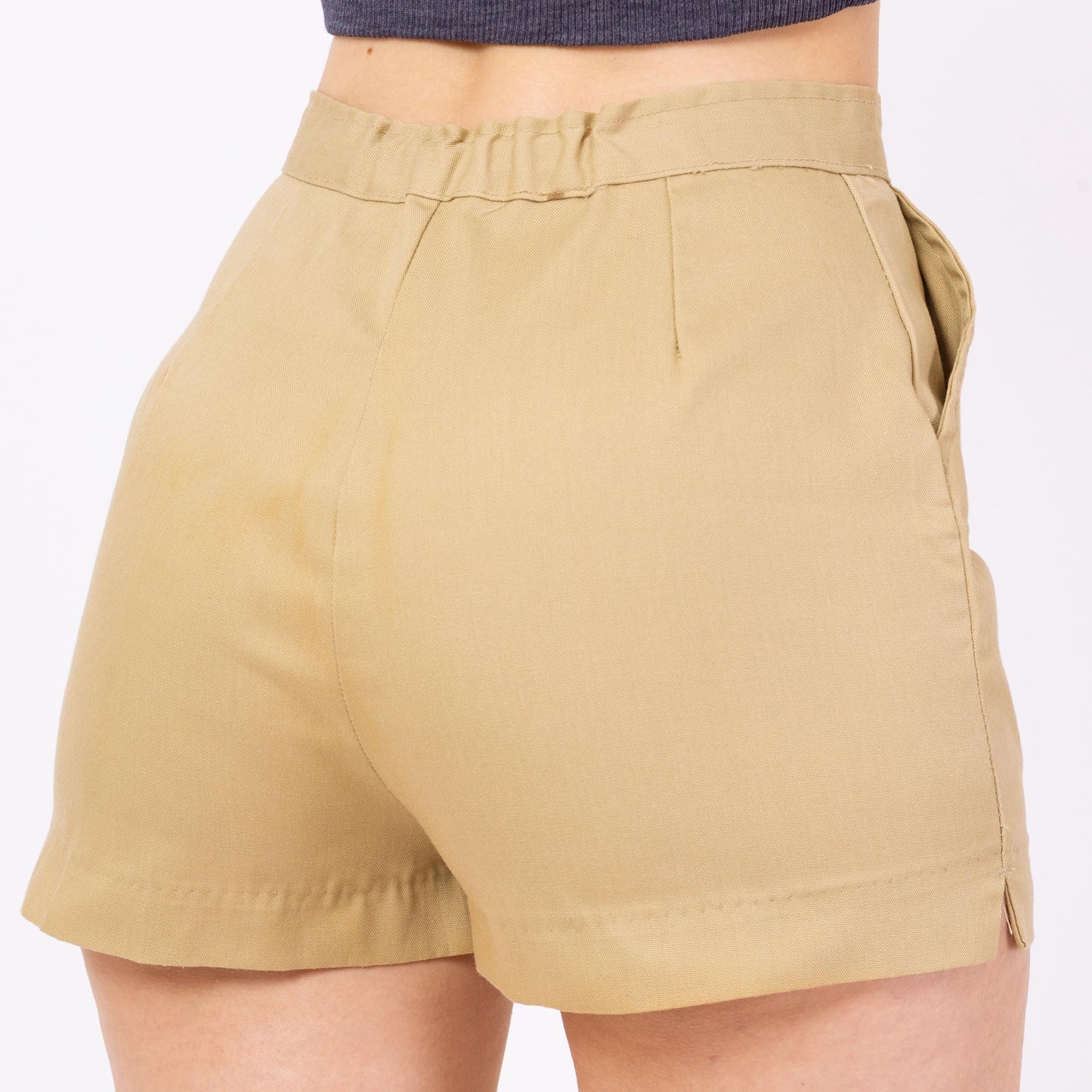 Vintage 70s High Waist Khaki Shorts - Small, 25"-27" Waist | Tan Cotton Blend Retro Mini Summer Shorts