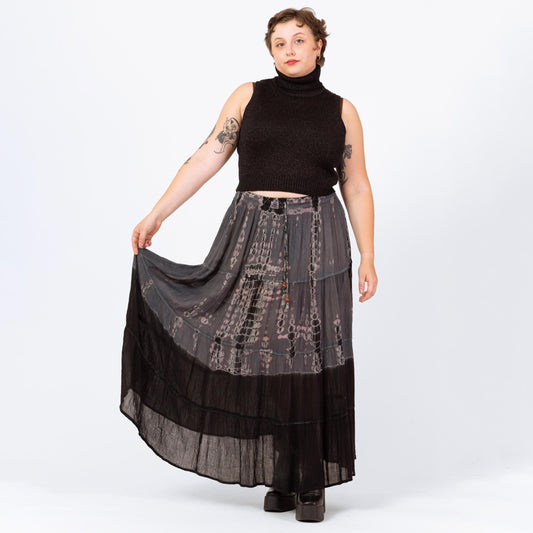 Vintage 90s Boho Tie Dye Maxi Broomstick Skirt - Extra Large | Boho Whimsigoth Black & Gray Shibori Pleated Grunge Skirt