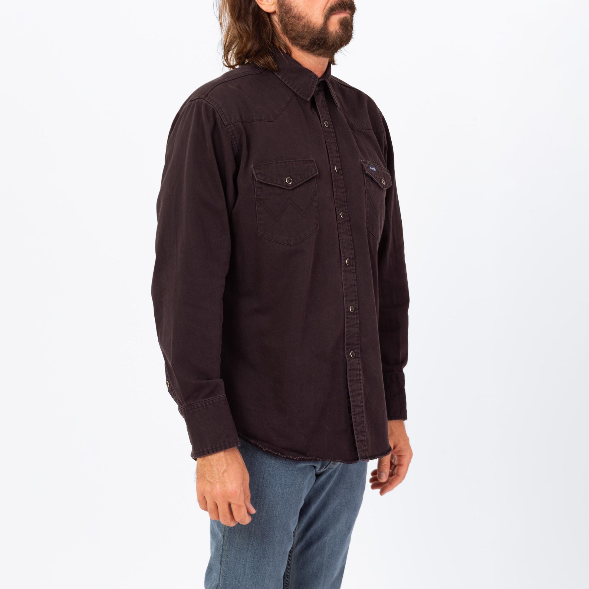 Vintage 80s Wrangler Black Pearl Snap Western Shirt - Large | Cotton Button Up Long Sleeve Collared Top