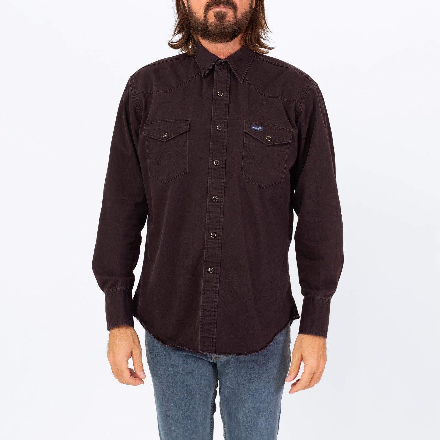 Vintage 80s Wrangler Black Pearl Snap Western Shirt - Large | Cotton Button Up Long Sleeve Collared Top