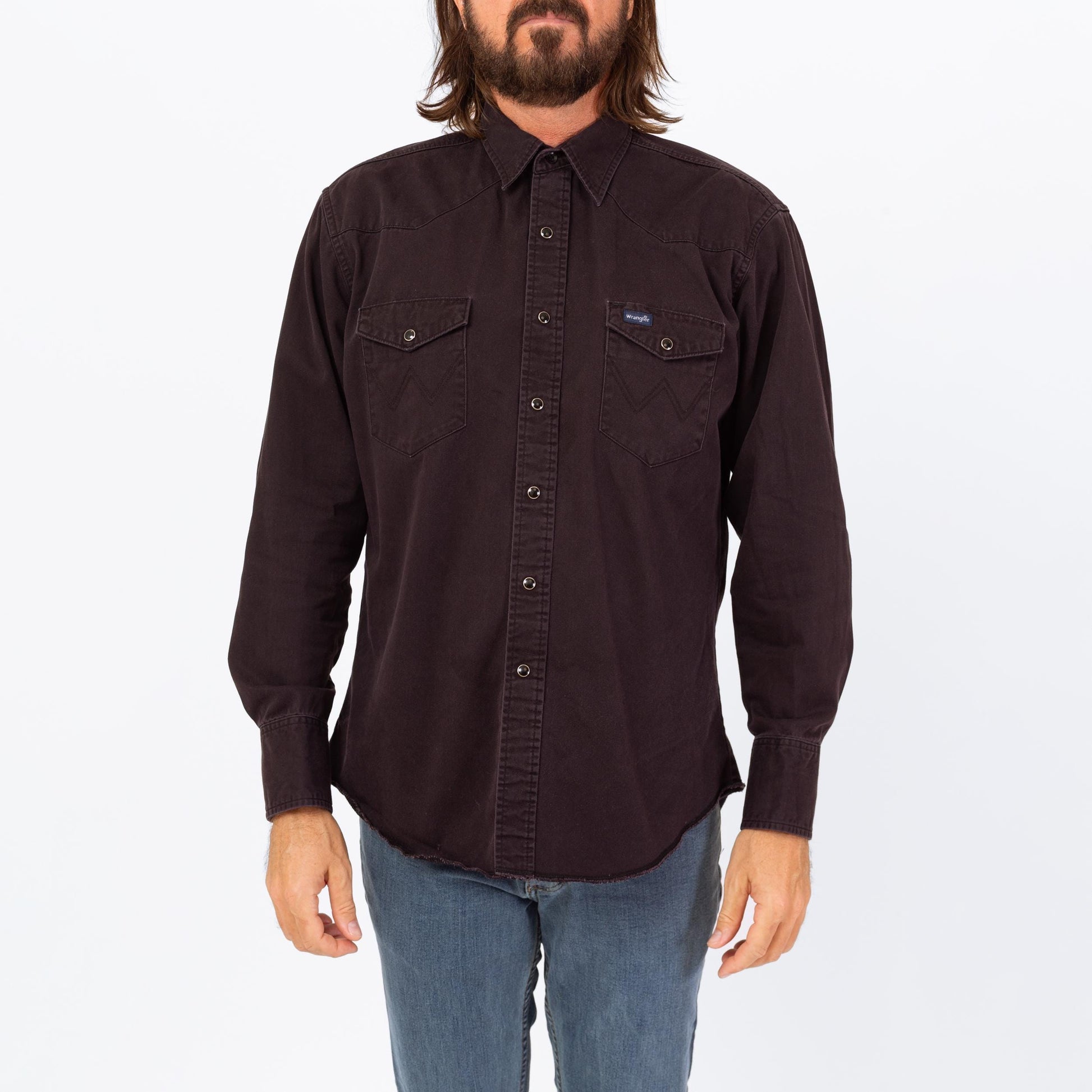 Vintage 80s Wrangler Black Pearl Snap Western Shirt - Large | Cotton Button Up Long Sleeve Collared Top