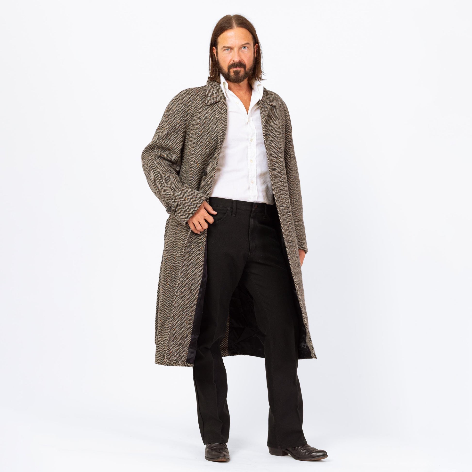 Vintage 70s 80s Herringbone Tweed Overcoat - Large | Single Breasted Belted Button Up Wool Coat