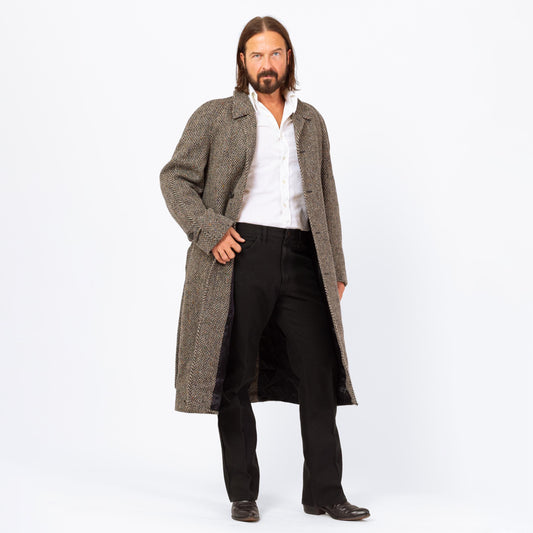 Vintage 70s 80s Herringbone Tweed Overcoat - Large | Single Breasted Belted Button Up Wool Coat