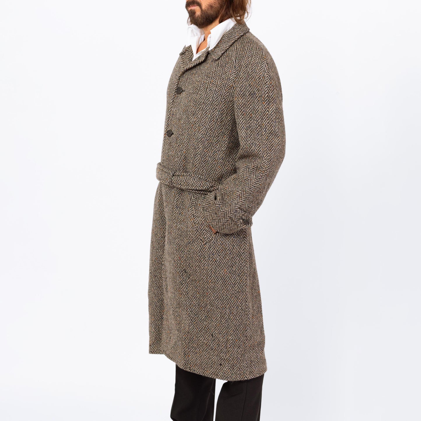 Vintage 70s 80s Herringbone Tweed Overcoat - Large | Single Breasted Belted Button Up Wool Coat