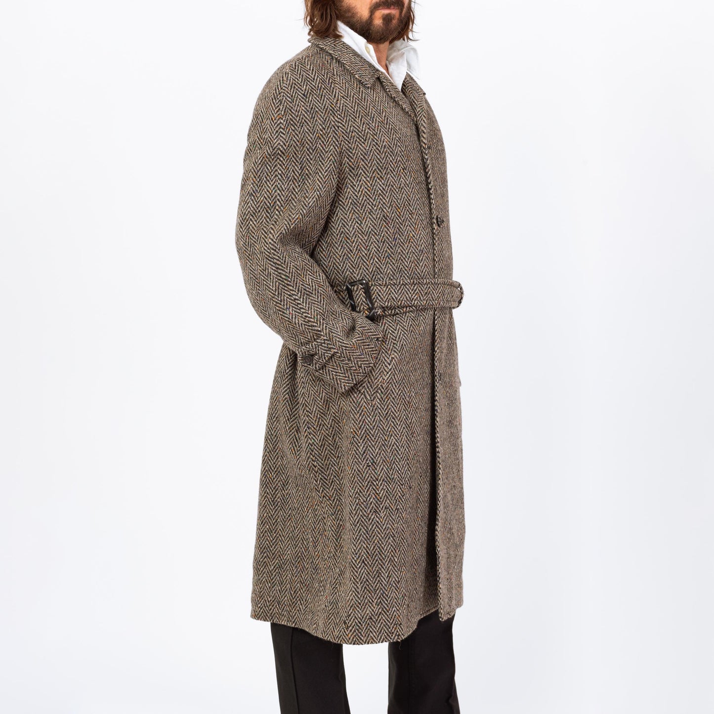 Vintage 70s 80s Herringbone Tweed Overcoat - Large | Single Breasted Belted Button Up Wool Coat