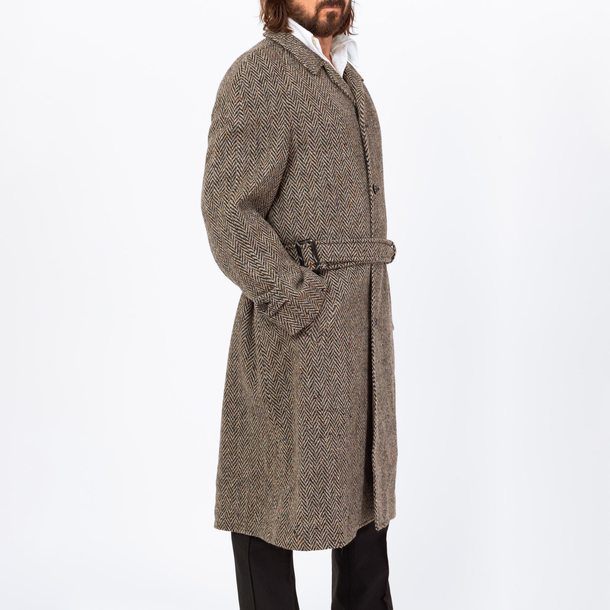 Vintage 70s 80s Herringbone Tweed Overcoat - Large | Single Breasted Belted Button Up Wool Coat