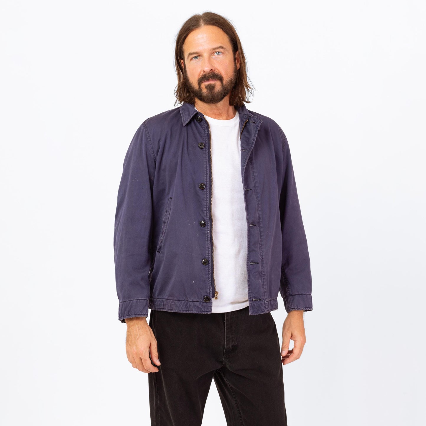 Vintage 70s US Navy Deck Jacket - Medium | Slate Blue Cotton Button Up Lightweight Utility Jacket